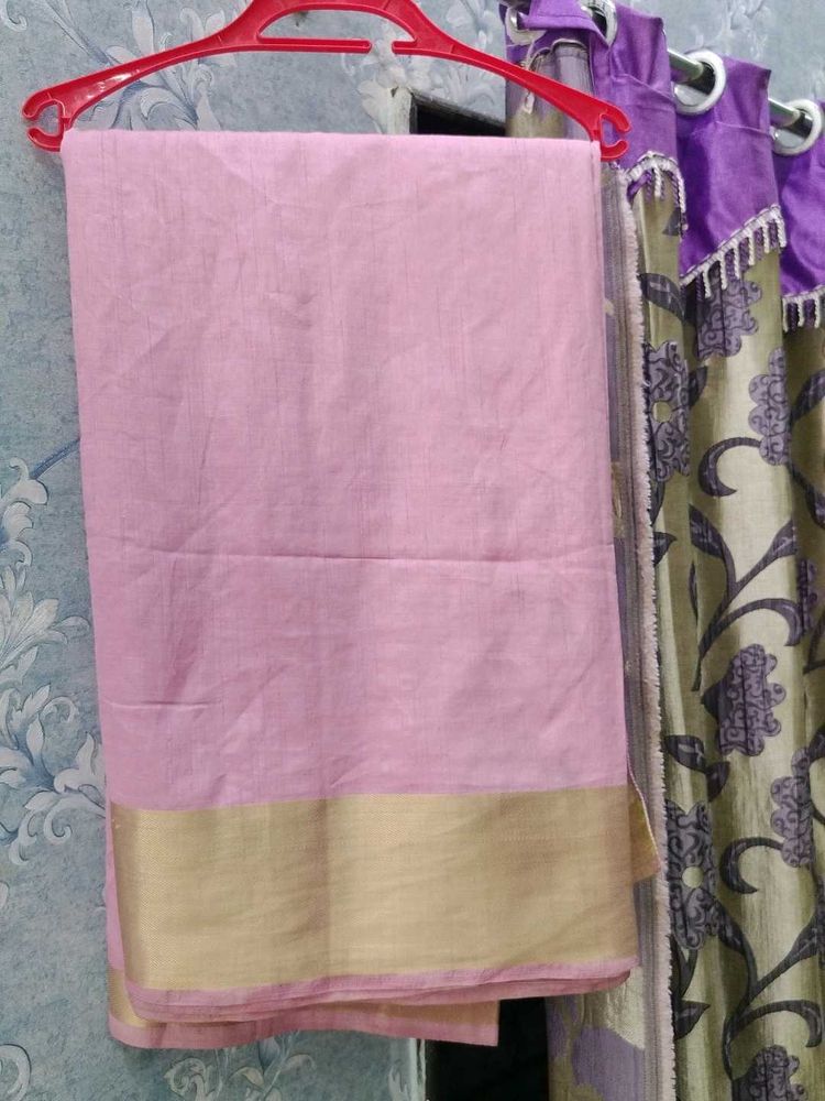 Pink Cotton Saree with Gold Border