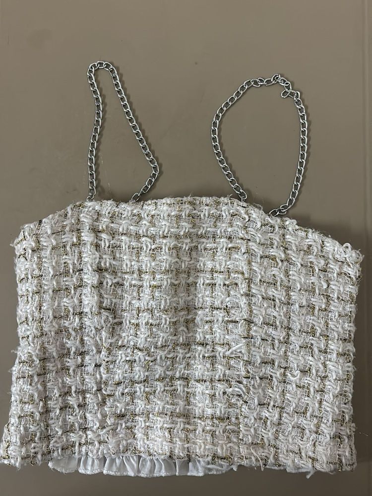 Tweed Chain Strap Crop Top