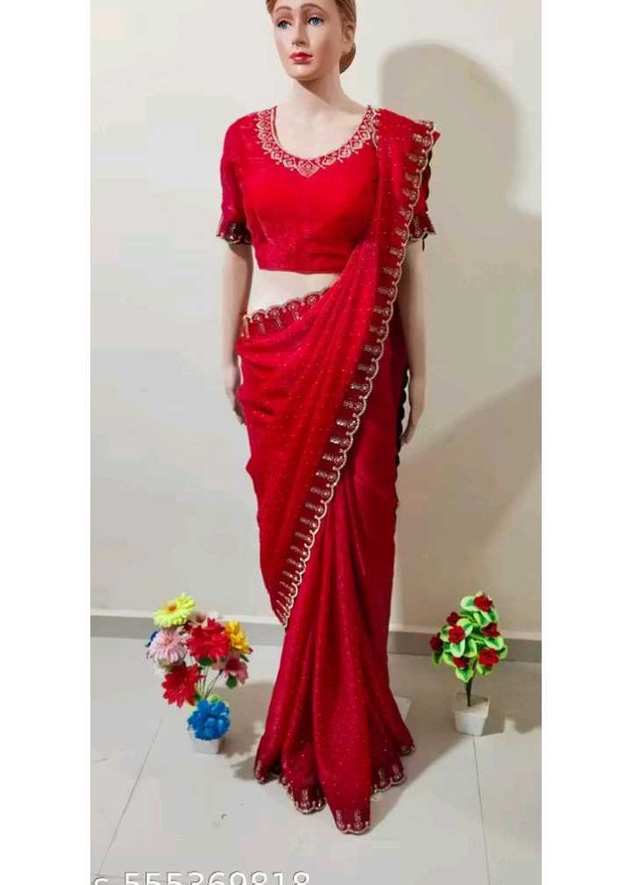 Elegant Red Saree with Embellishments