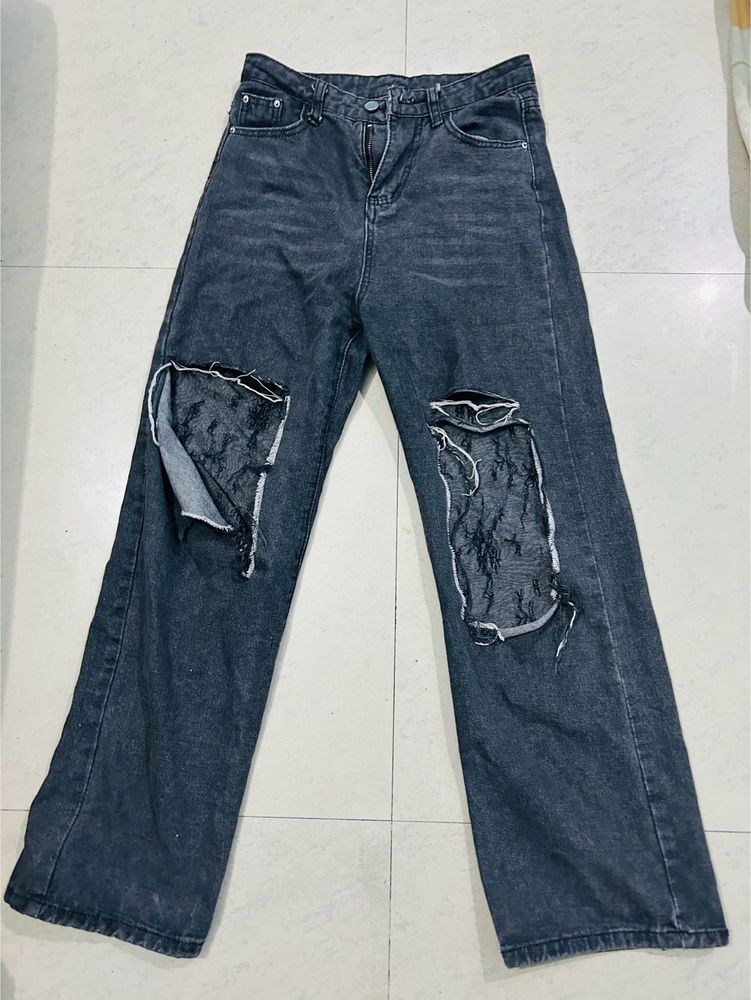 Charcoal Black Net Ribbed Denim
