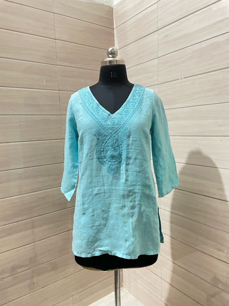 Imported Embroidered Tunic Blue Top
