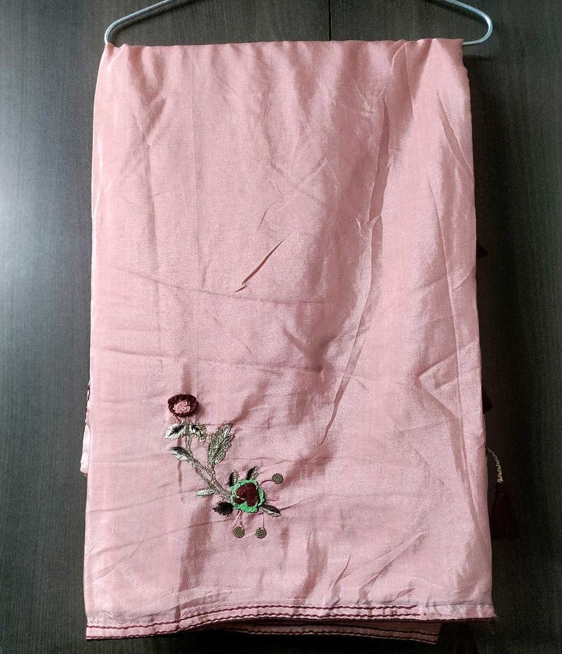 Beautiful Dark Peach Saree With Contrast Blouse