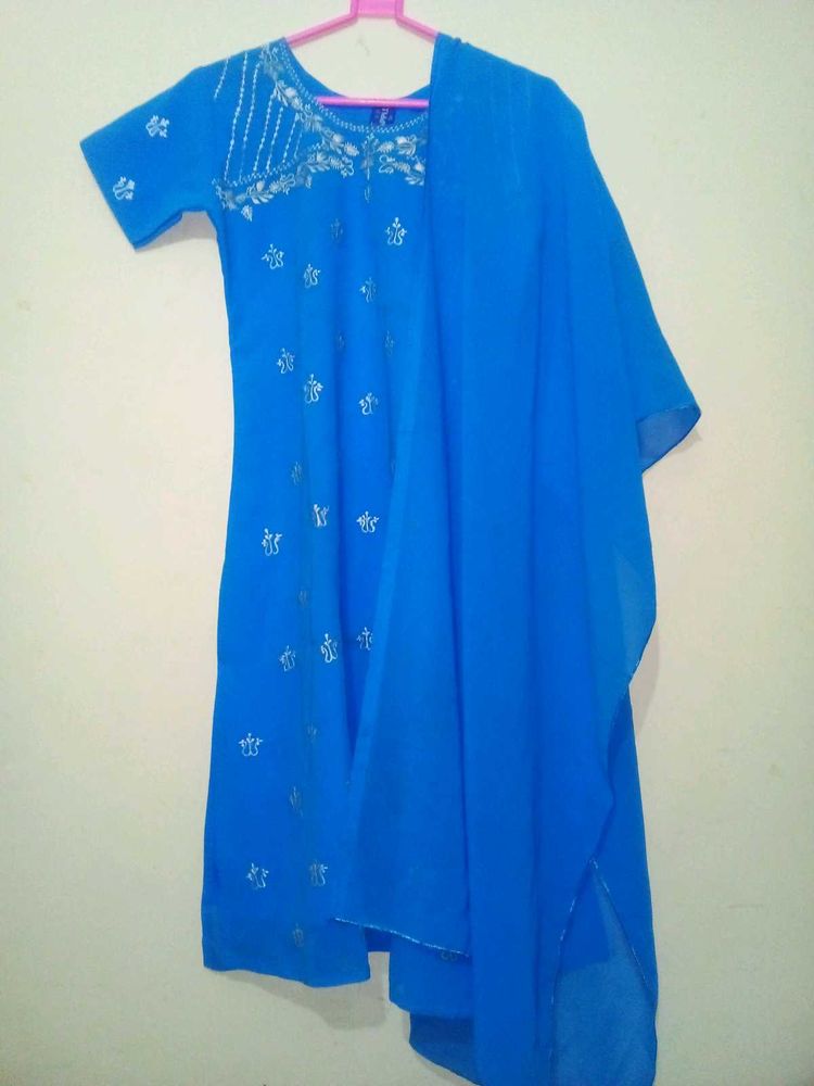 Womens Festive Wear Blue Kurti With Pyjama Pant.