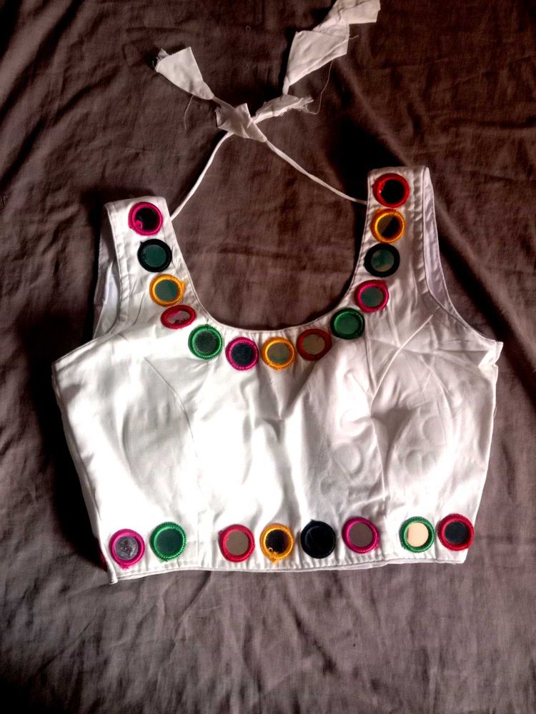 White Blouse With Mirror Work