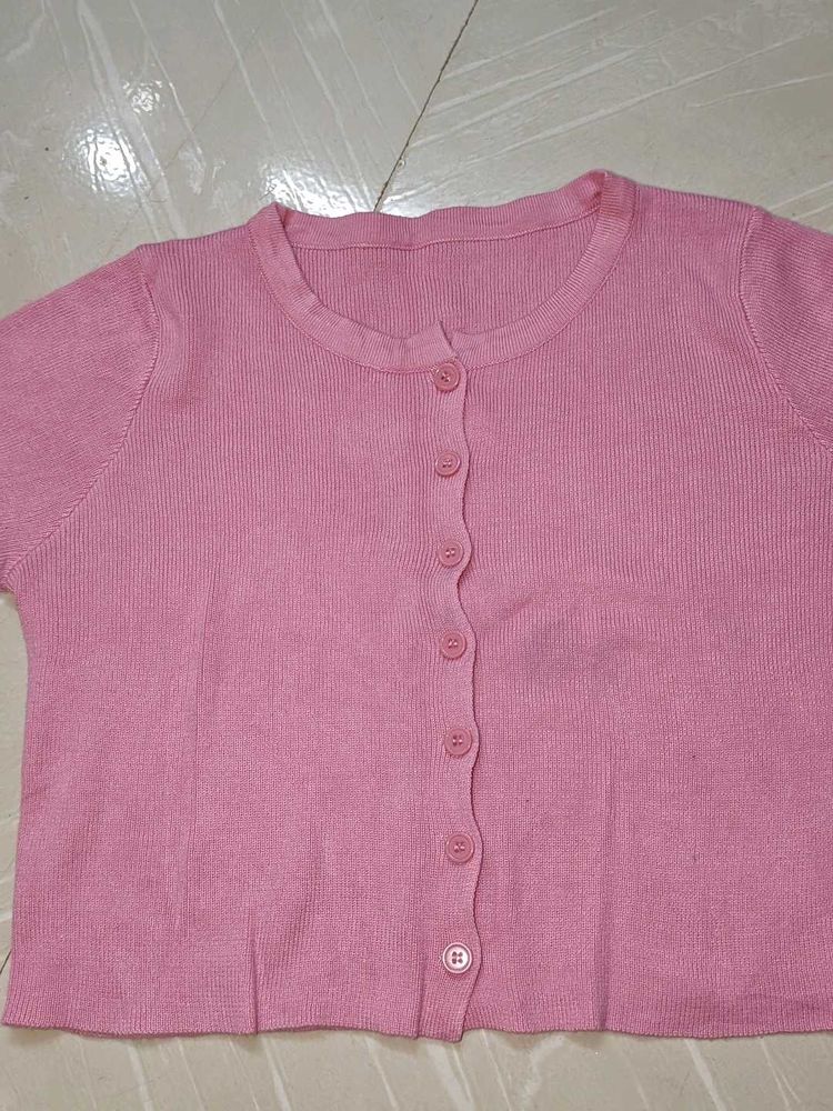 Pink Button-Down crop Cardigan