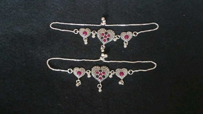 Silver Anklets with Red Stone Heart Charms