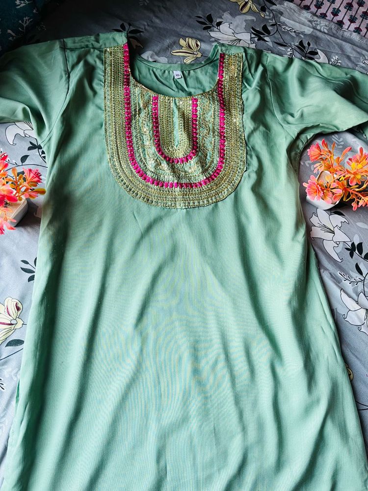 Pastel Green Kurti with Embroidered Yoke