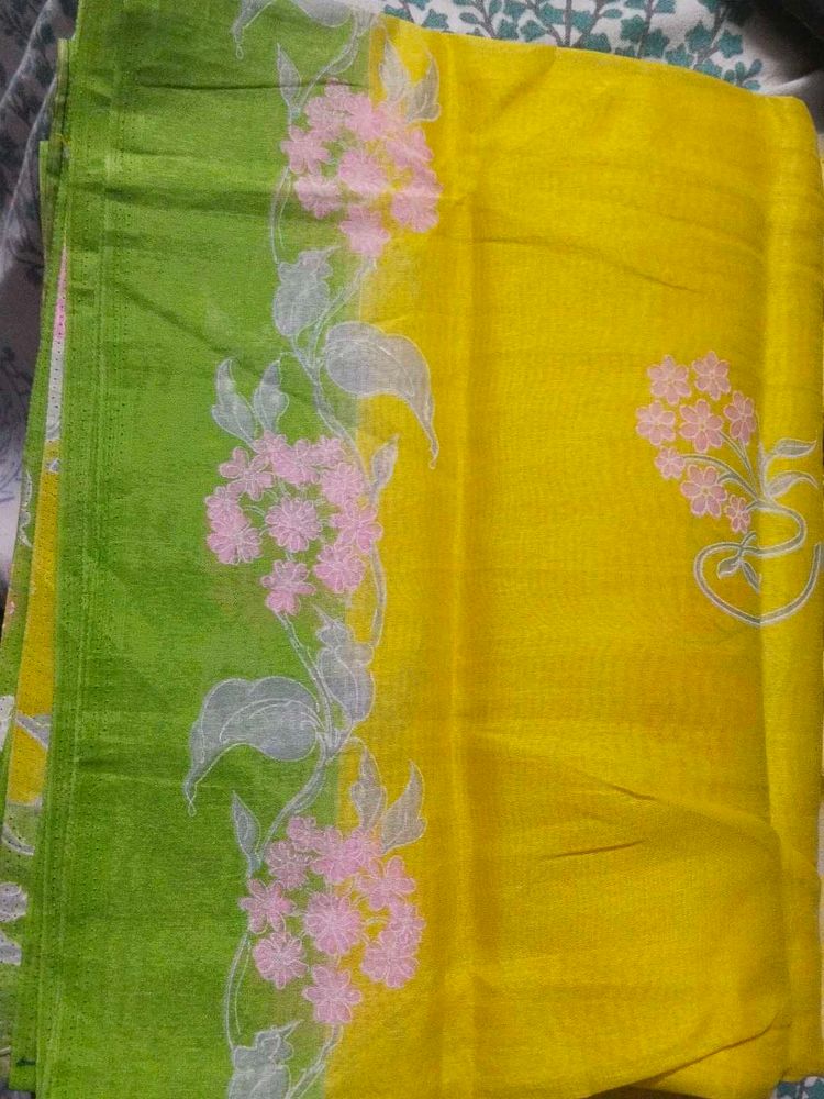 Floral Green &amp; Yellow Saree