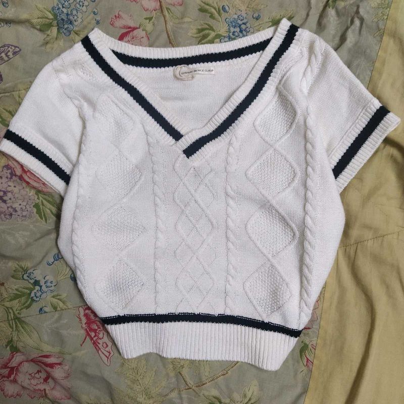 White V-Neck Knit Top