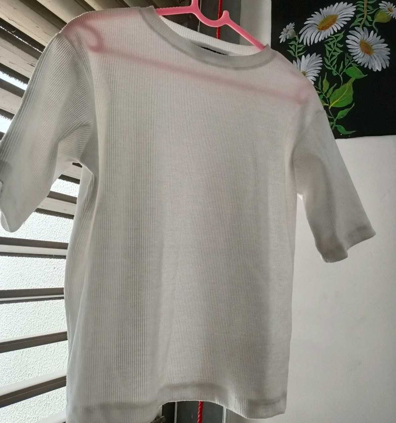 White Ribbed Knit Short Sleeve Top