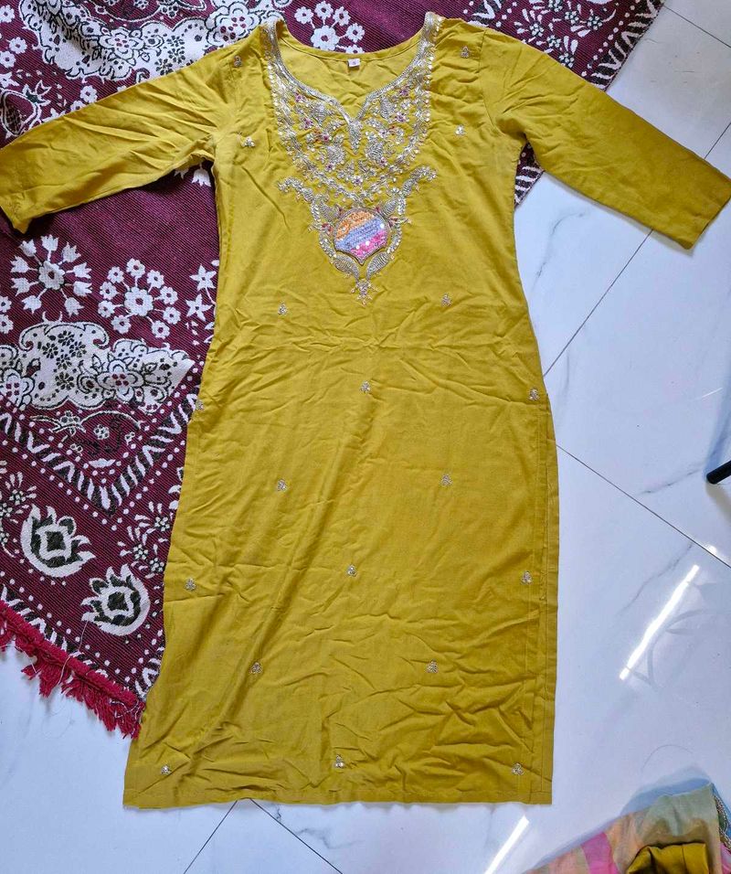 Mustard Yellow Straight Kurti Pant And Dupatta Set