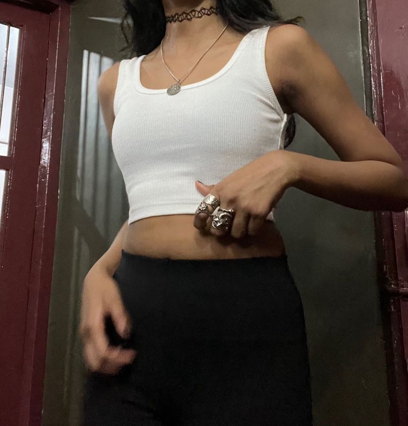 White Ribbed Crop Tank Top