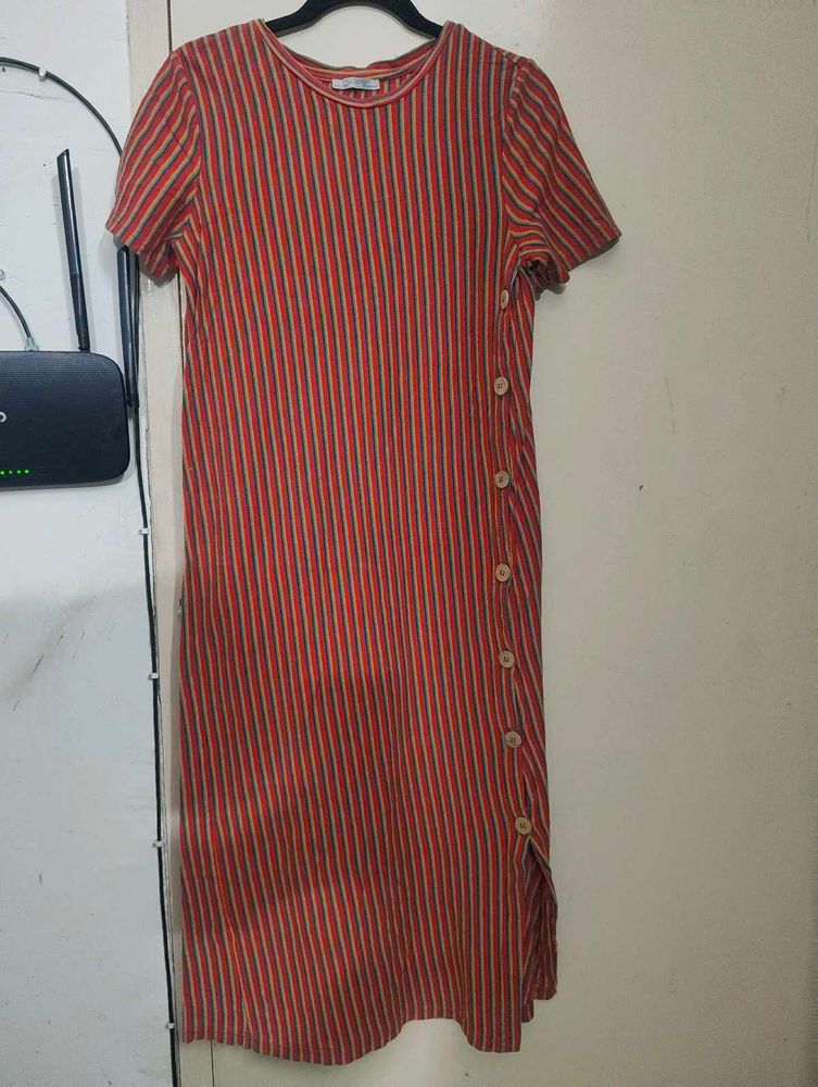 Striped Button Detail Midi Dress