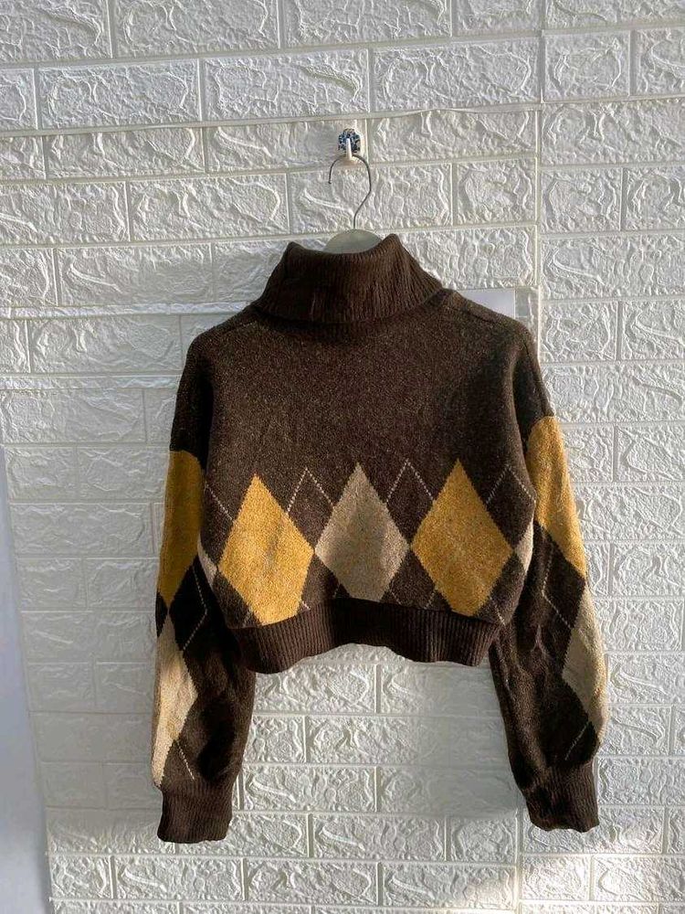 Argyle Turtleneck Cropped Sweater