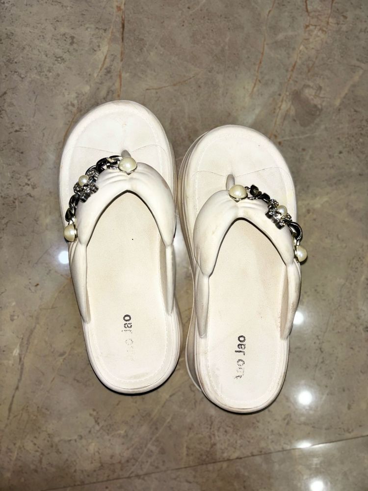 White Platform Pearl Thong Sandals