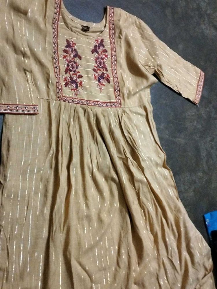 Striped Embroidered Beige Kurti