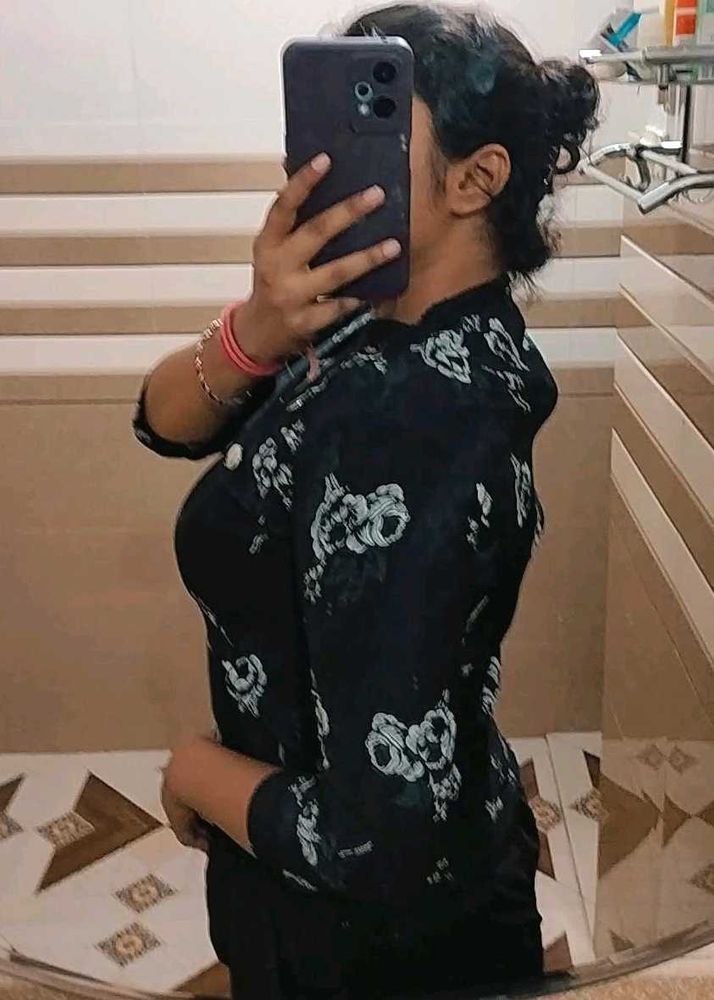 Floral Print Button-Down Black Top