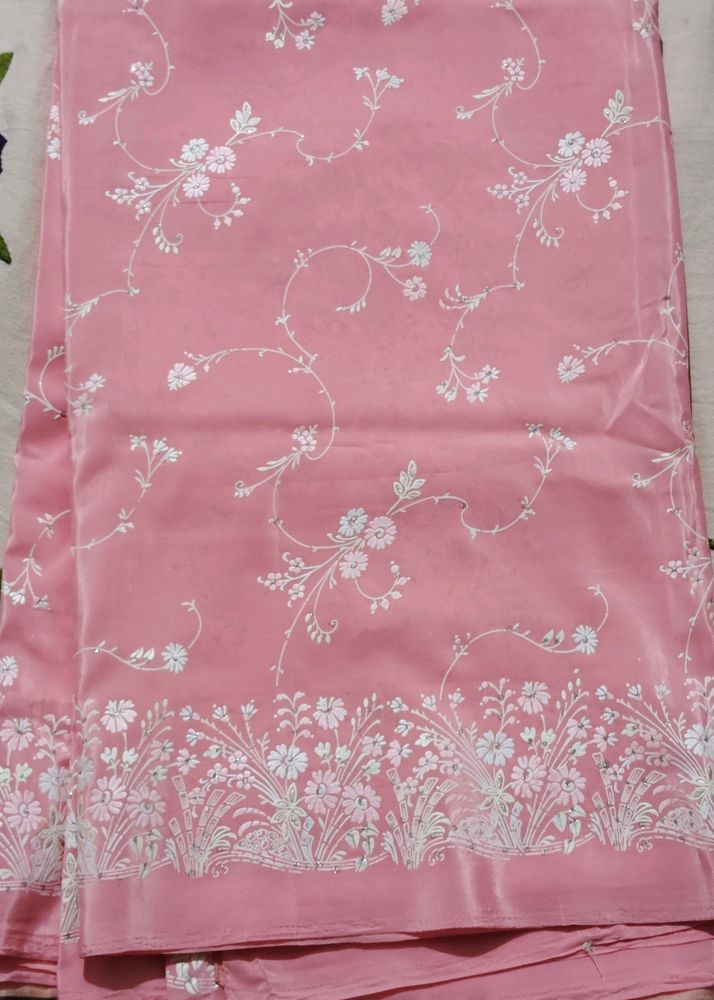 Peachy Pink Silk Blend Saree with Blouse.