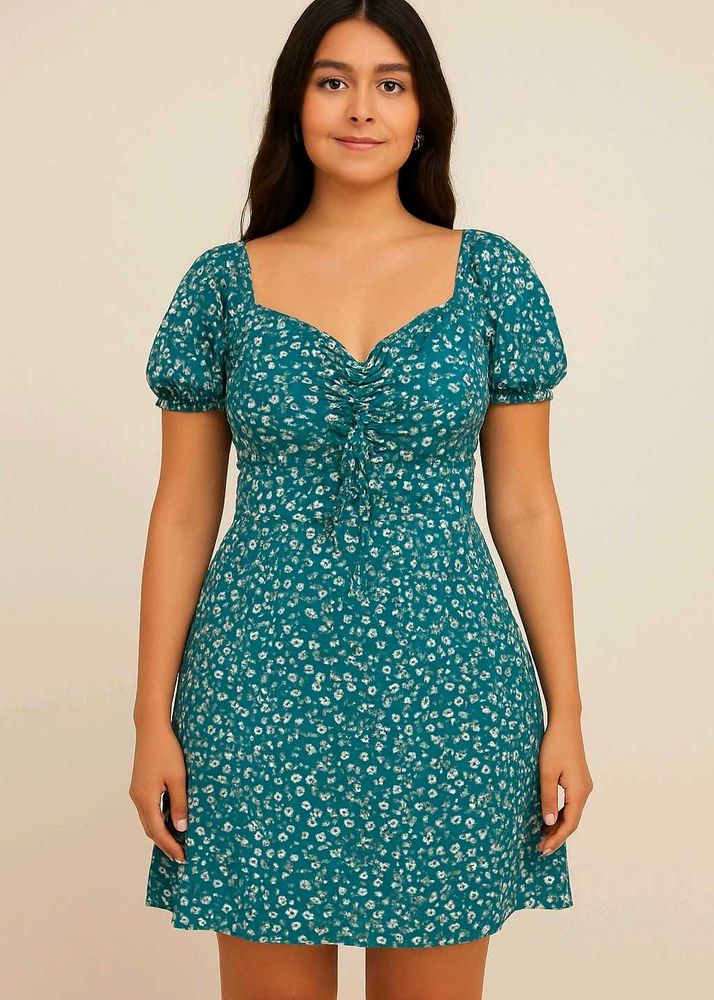 Teal Floral Smocked Mini Dress with Puff Sleeves