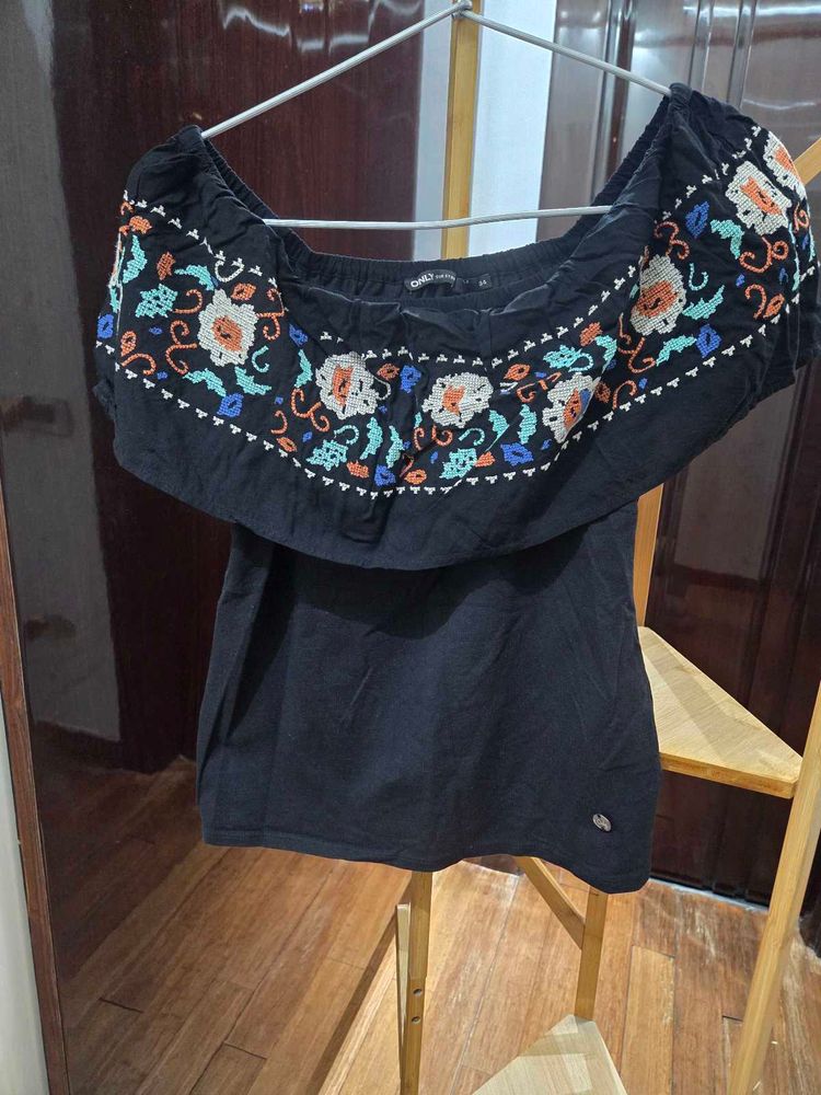 Black Embroidered Off-Shoulder Top