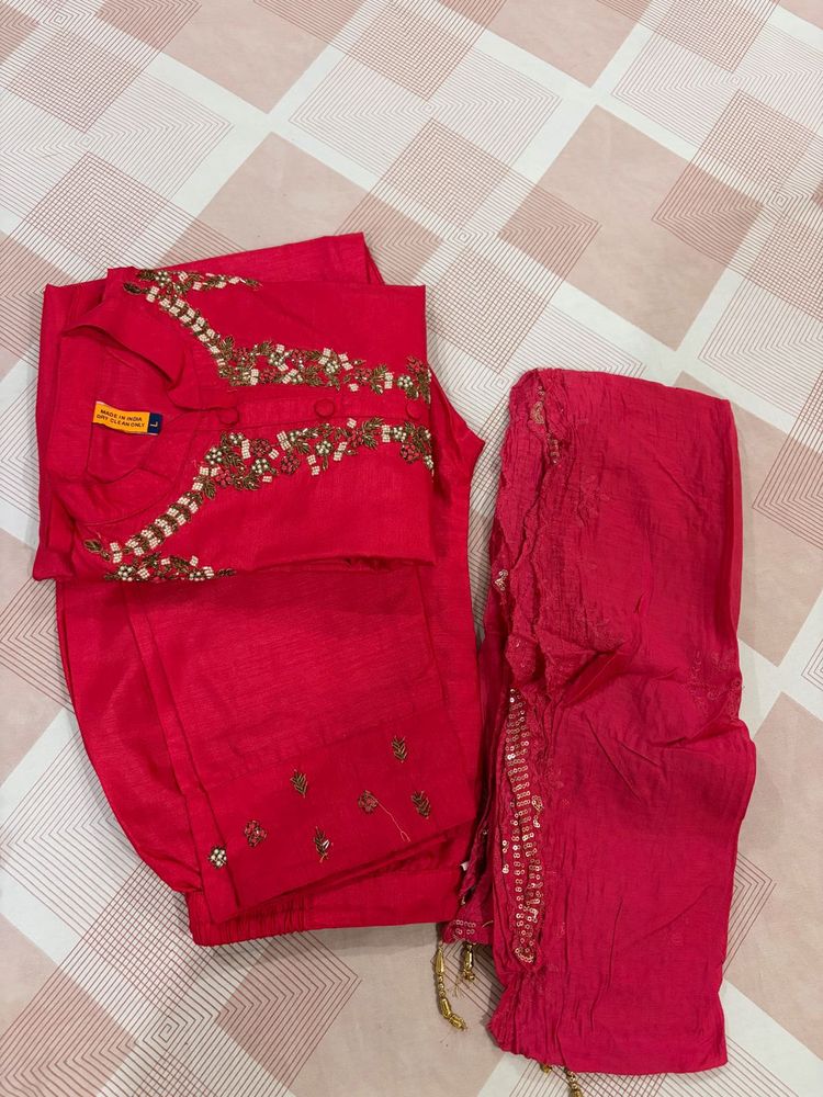 dark pink Embroidered Kurta Set