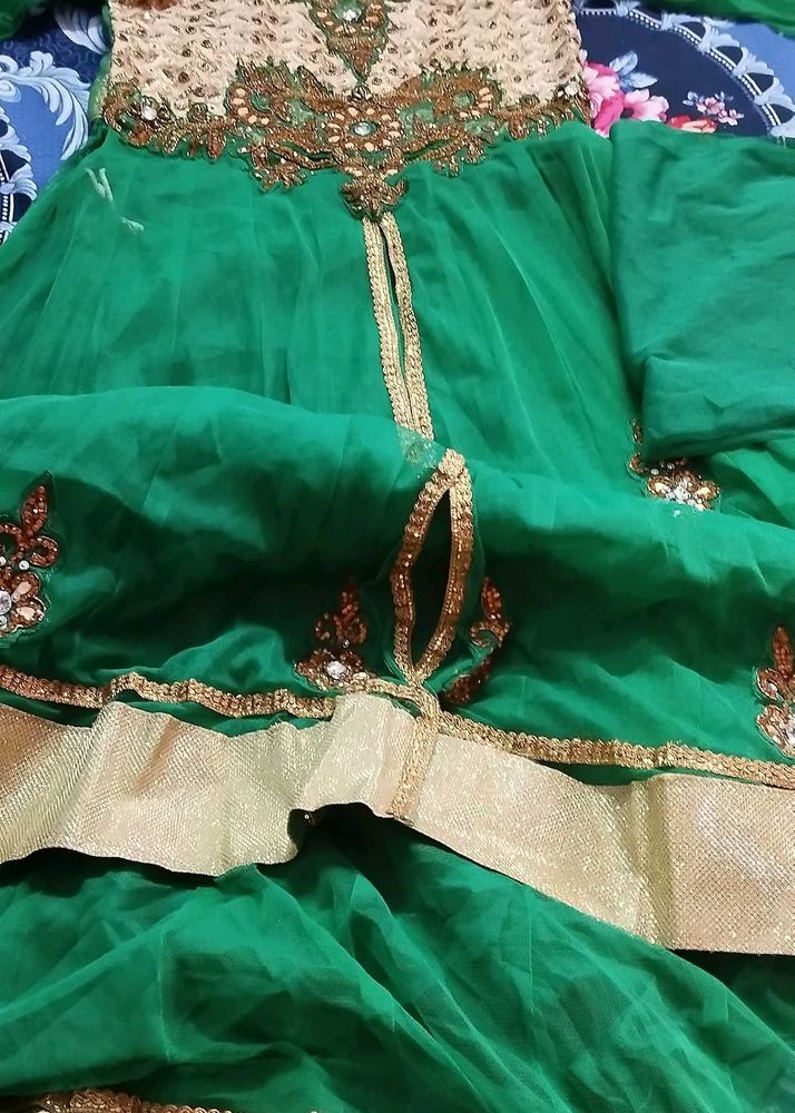 Green &amp; Gold Embellished Lahinga Coti Dupatta