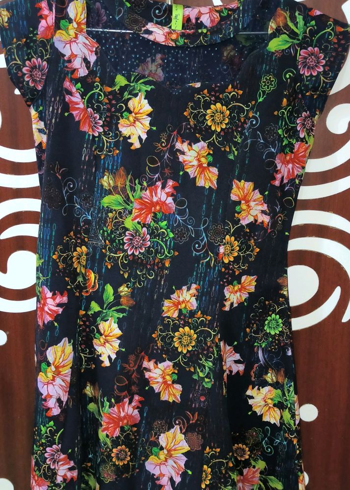 Blue Colour Floral Design Knee Length Top For Wome