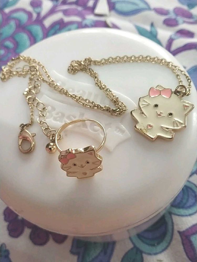 Cute Pink Bow Kitty Necklace &amp; Ring Set