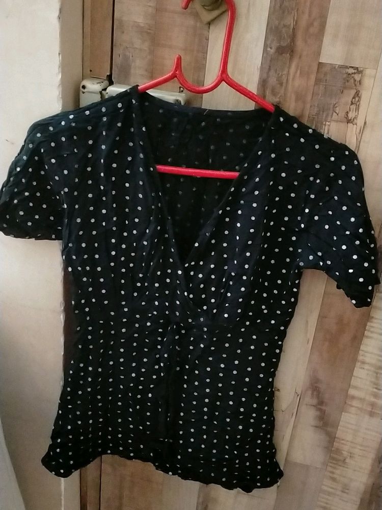 Black Crop Top With Polka Dots