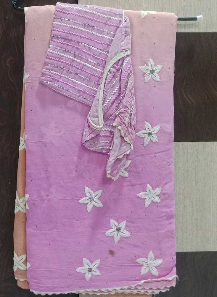Pink Floral Cotton Saree with Blouse