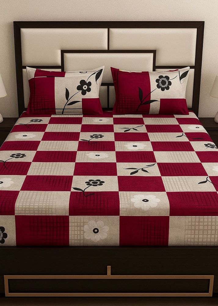 Red &amp; Beige Floral Checkered Double Bedsheet Set