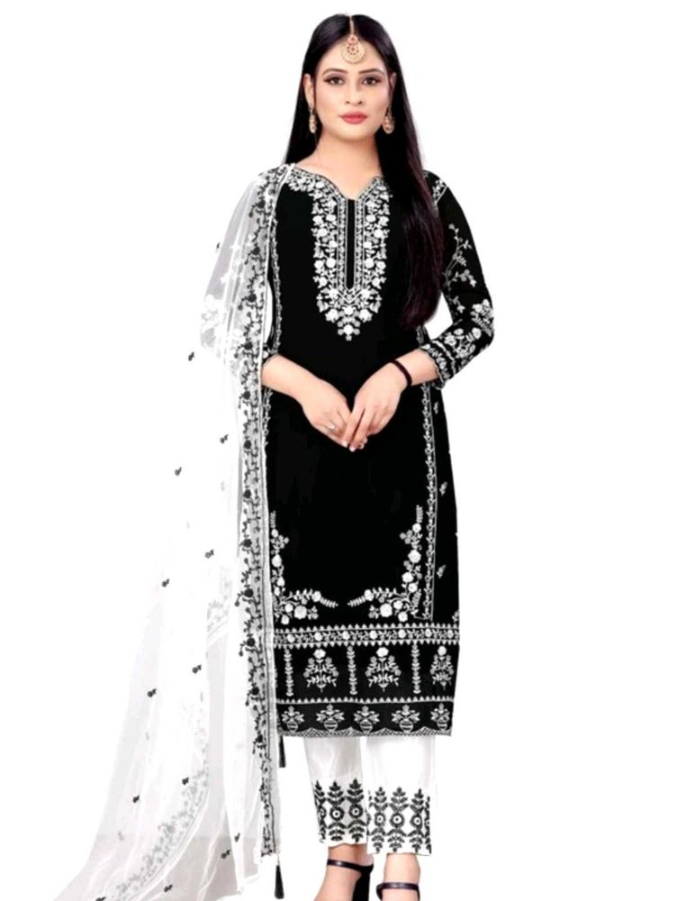 Semi Stitched Black Embroidered Suit