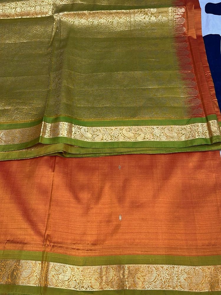 Kanchivaram Pure Silk Orange Green Saree