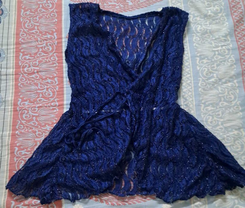 Shimmery Navy Blue Sleeveless Shrug