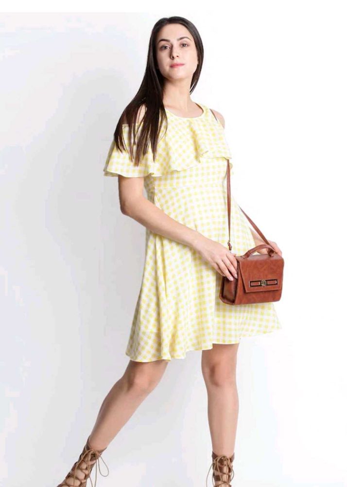 Yellow &amp; White Checked Fit and Flare Dres
