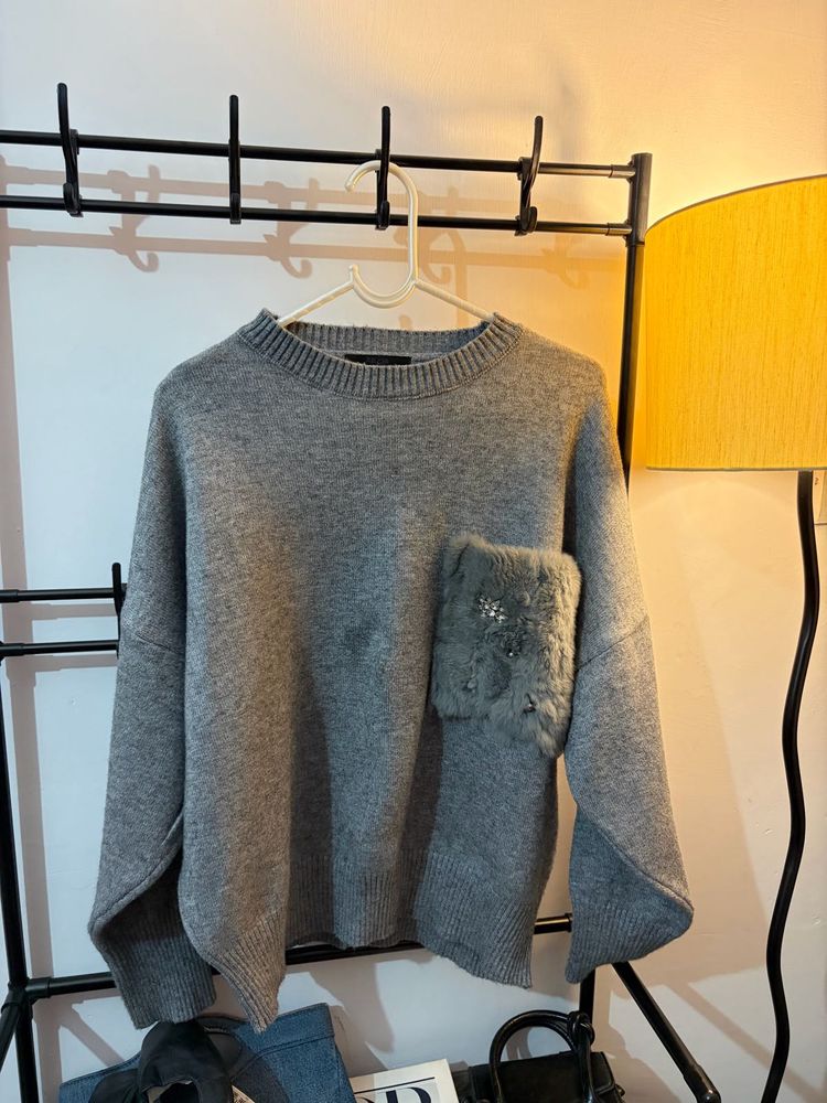 Gray Sweater with Fur Pocket