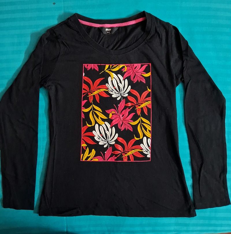 Black Chest Print Full Sleeves Tshirt