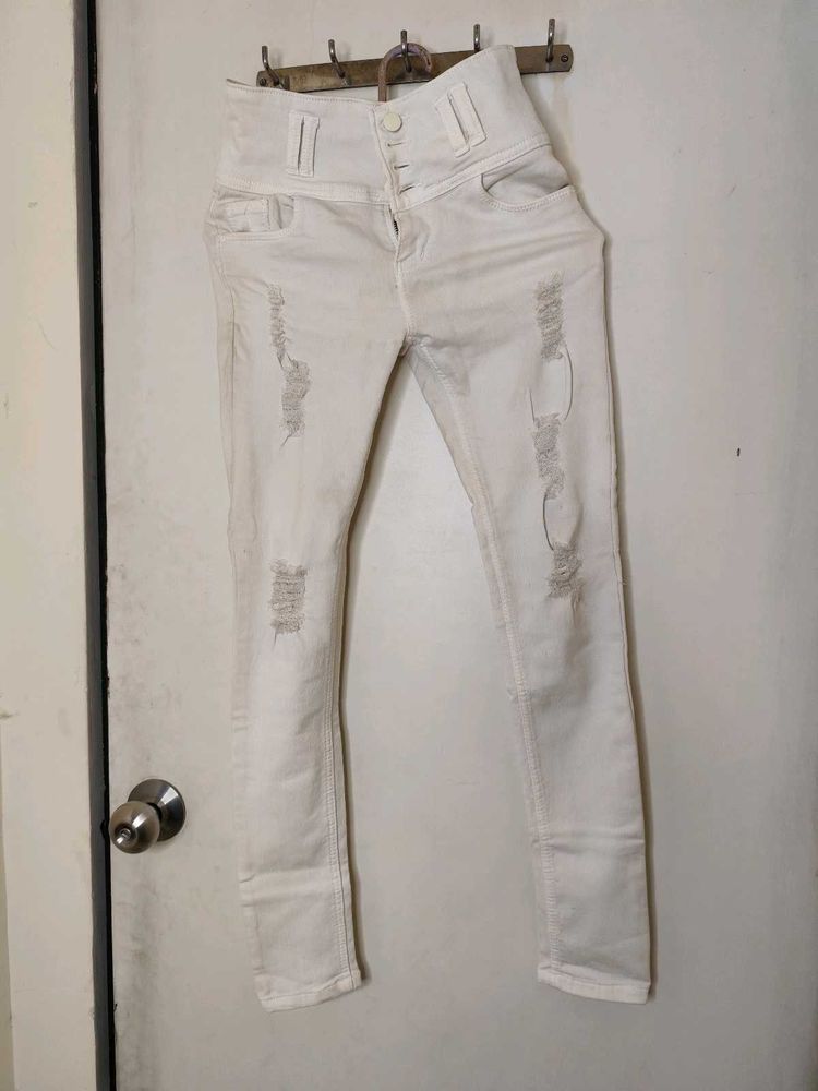 Distressed White Jeans