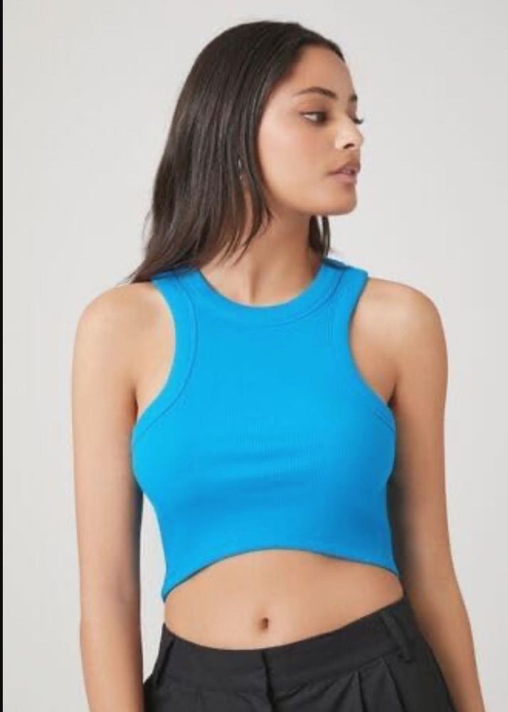Ribbed Blue Sleeveless Crop Top