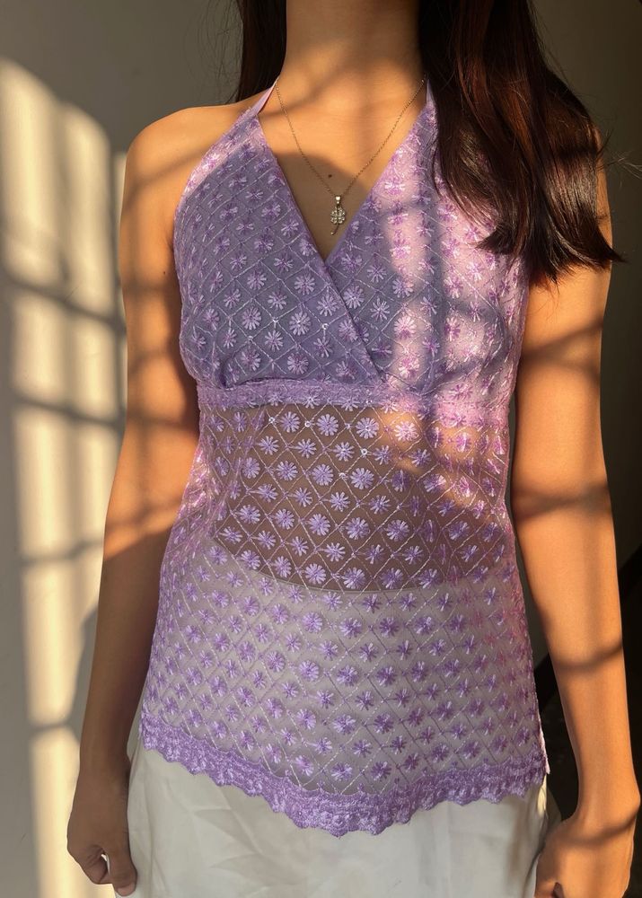 y2k backless Lavender Floral Halter Top