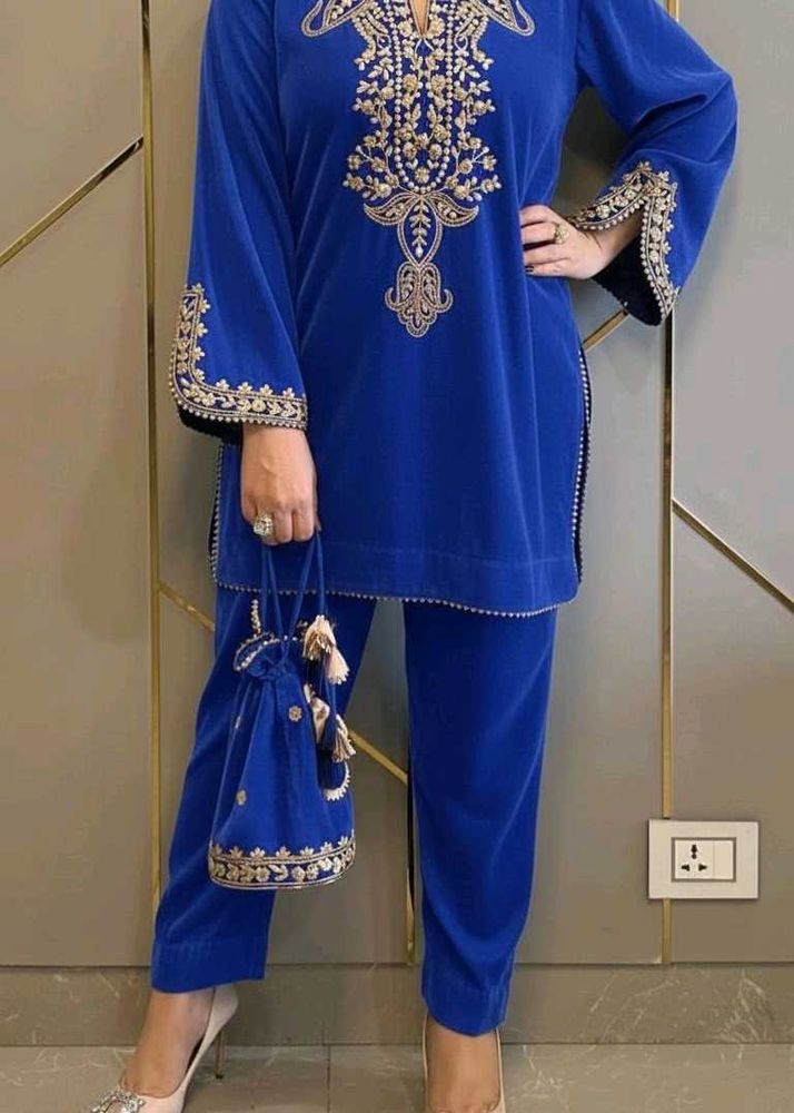 Royal Blue Velvet Kurta Set