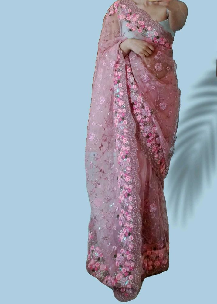 Pink Embroidered Cut Work Bridal Designer Saree