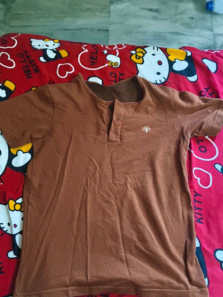 Brown Casual T-Shirt with Button