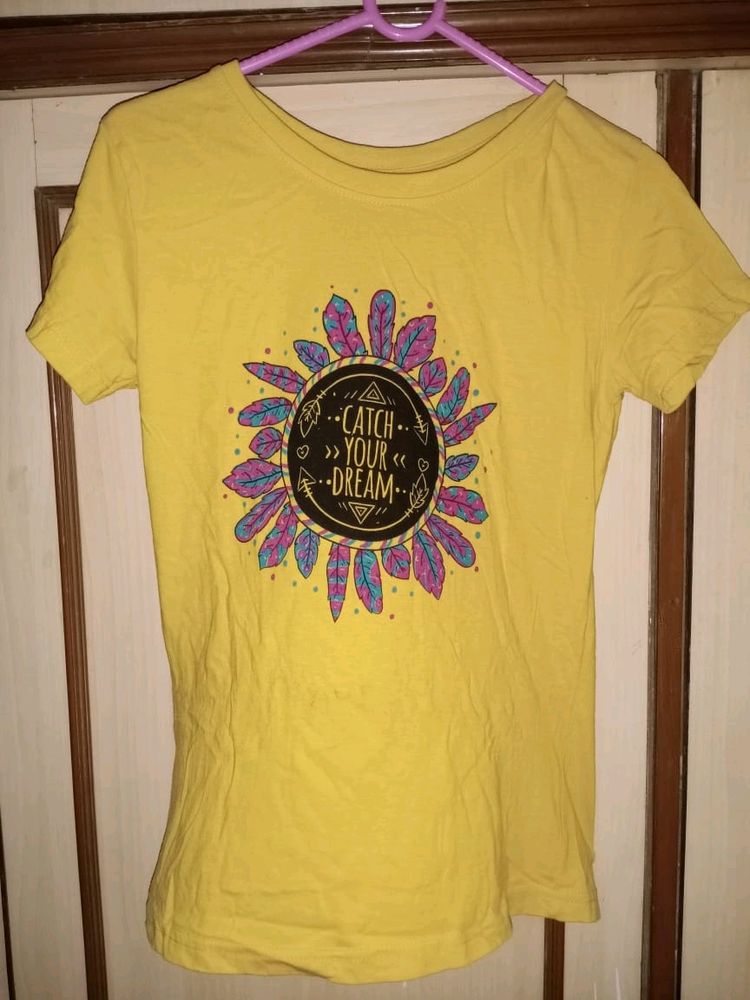 FESTER Women's Yellow Printed Round Neck Pure Cotton T-shirt