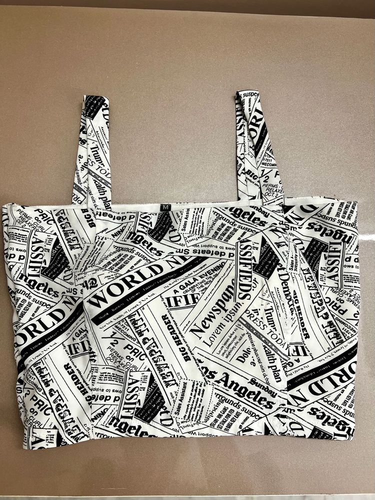 Newsprint Black &amp; White Cotton Crop Top