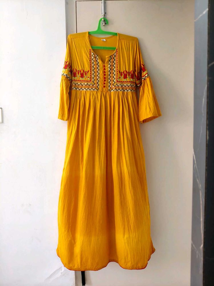 Mustard Yellow Floor length Ethnic Dress in XL