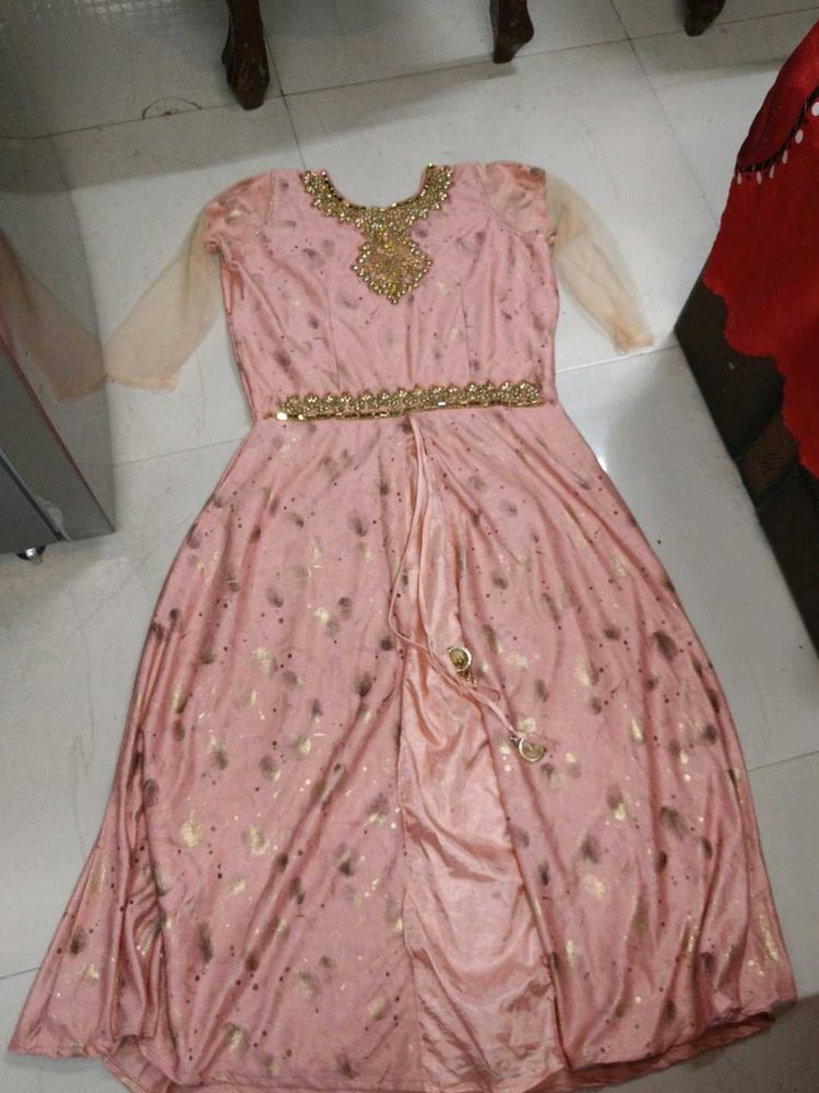 Elegant Pink &amp; Gold Anarkali Gown