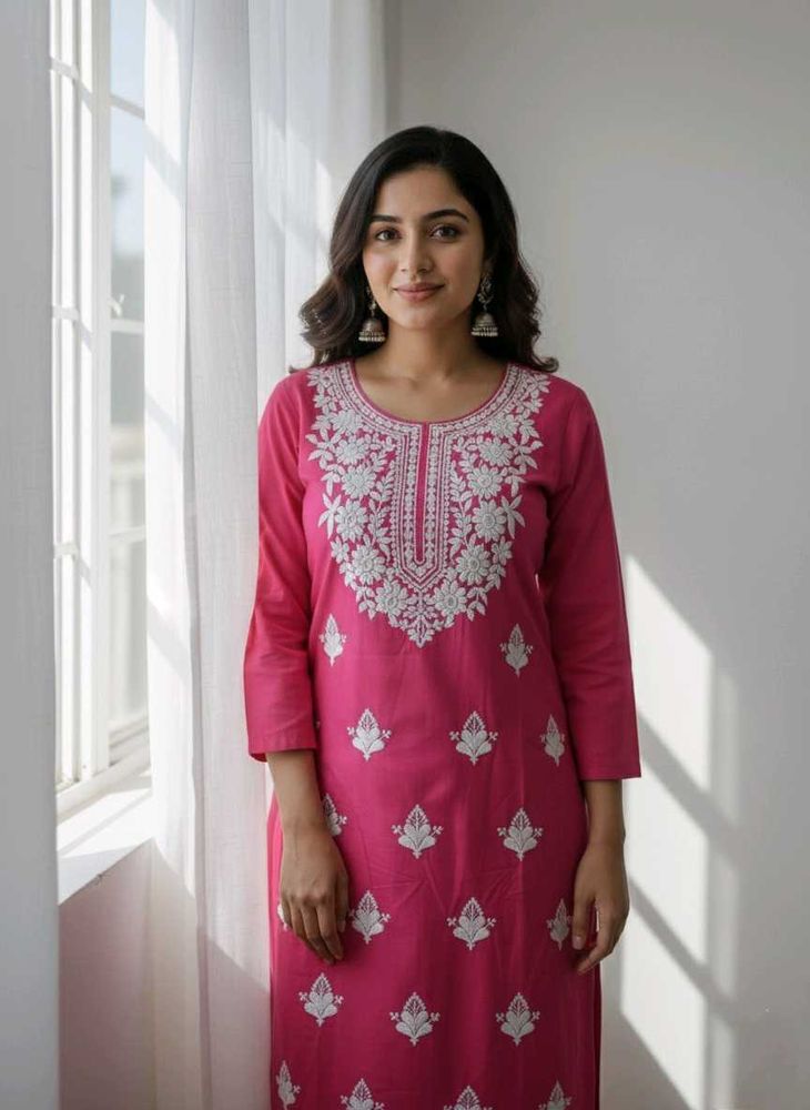 Lucknow Chikankari Handwork Embroidery Pink Kurta