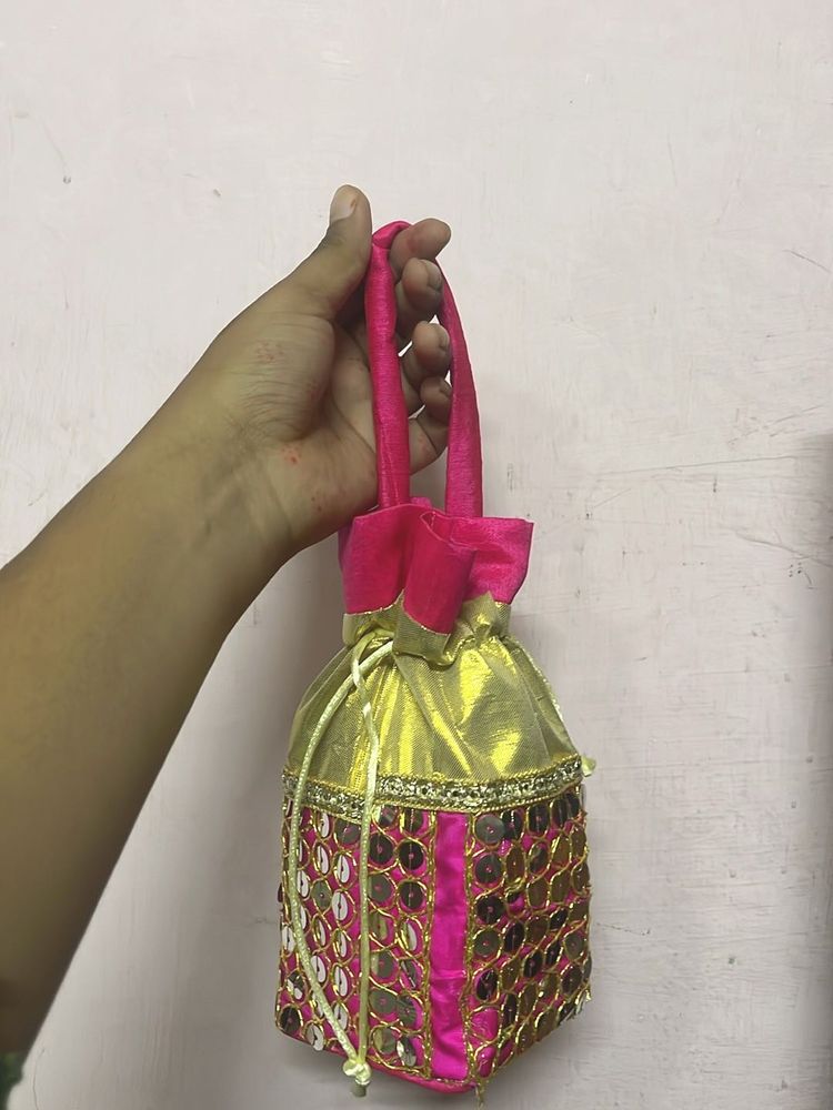 Pink &amp; Gold Embellished Potli Bag