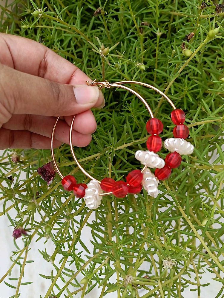Red &amp; White Beaded Hoops